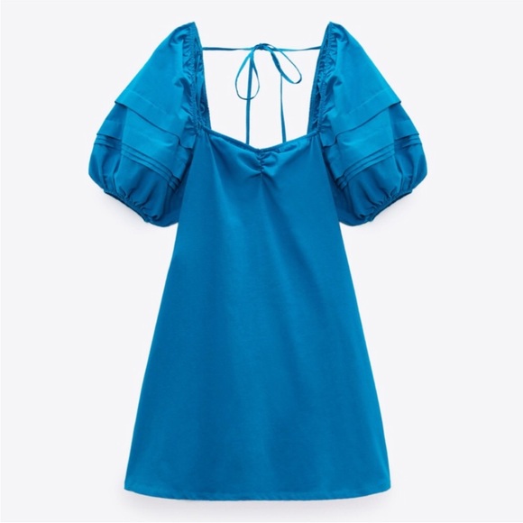 Zara Puff Sleeve Blue Mini Dress Size Medium - Picture 3 of 3